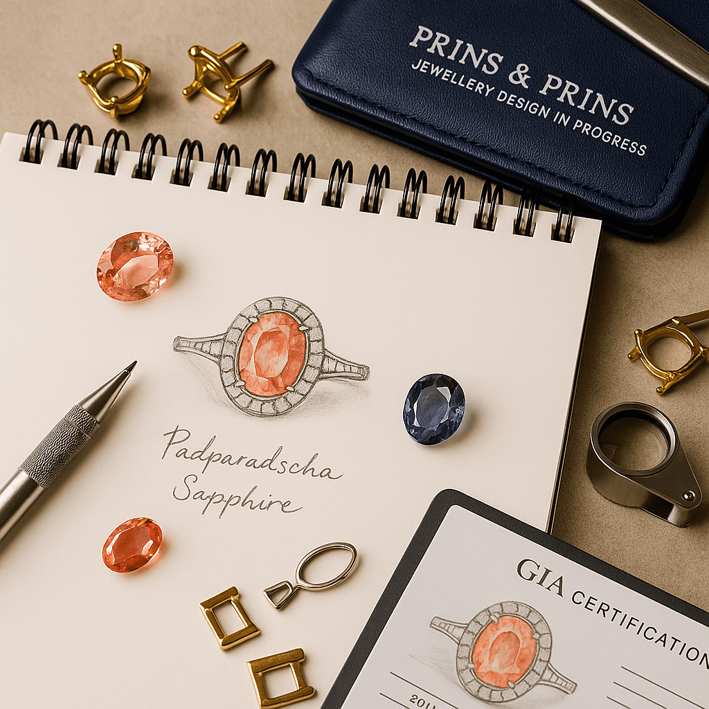 A high-resolution photograph showcases a jewellery designer’s sketchpad with a custom ring design featuring a salmon-hued Padparadscha sapphire at the centre. Surrounding the sketch are a loose Padparadscha gemstone, gold setting samples, and design tools from Prins & Prins, evoking a mood of creativity and fine craftsmanship.