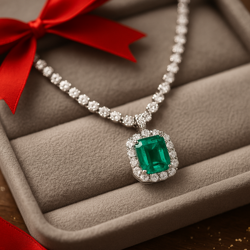 a necklace with a green stone and diamonds in a box