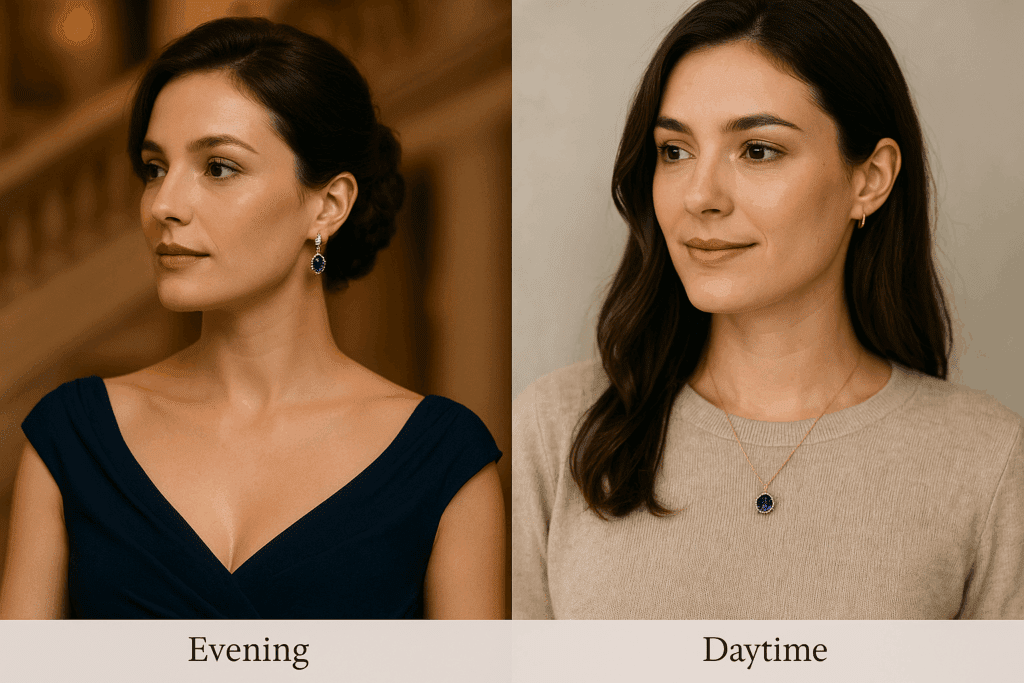5️⃣ Style & Gifting Tips Prompt: A lifestyle photo of a well-dressed woman wearing Tanzanite earrings for an elegant evening out, paired with a second shot showing a more casual outfit with a Tanzanite pendant for daytime wear. Combine these two visuals in a split-screen style, highlighting Tanzanite’s versatility from everyday chic to formal glamour.