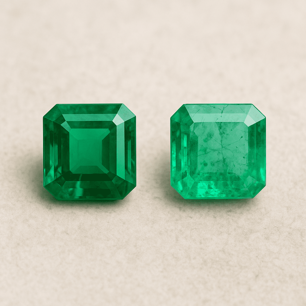 A macro close-up of two emeralds on a neutral linen background: the left stone is a rich, vivid green with minimal inclusions, while the right stone is lighter in colour with visible jardin inclusions, illustrating the contrast in quality and clarity.