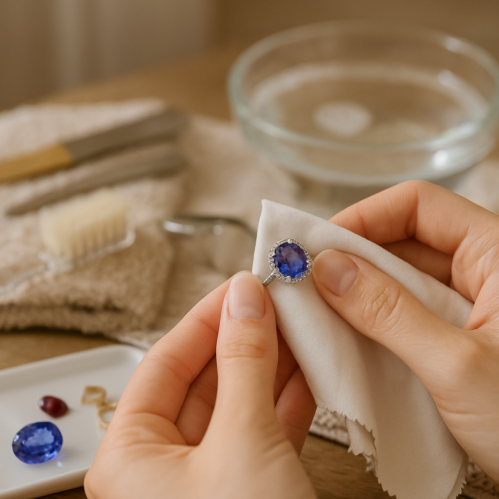 A close-up photograph of a woman's fair-skinned hand gently cleaning a Tanzanite ring with a soft white cloth over a plush beige towel. Beside the hand are jewellery care tools and a small glass dish filled with soapy water, all set in a softly lit home environment.