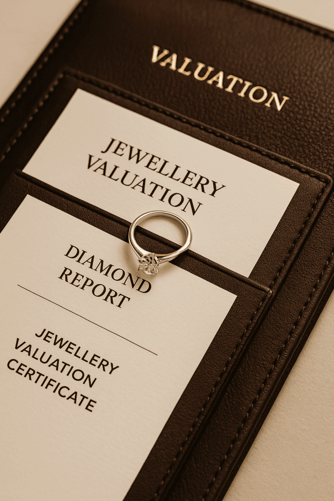 A close-up of a diamond engagement ring resting on a jewellery valuation certificate and diamond grading report, neatly tucked into a dark brown leather folder embossed with the word “VALUATION” in gold foil.