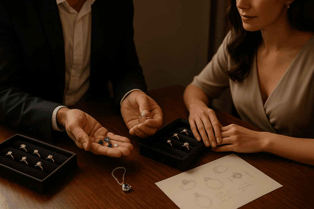 A jeweller presents gemstones and an engagement ring to an elegantly dressed woman across a wooden table, with velvet ring trays, jewellery sketches, and a sapphire pendant adding a warm, luxurious boutique atmosphere.