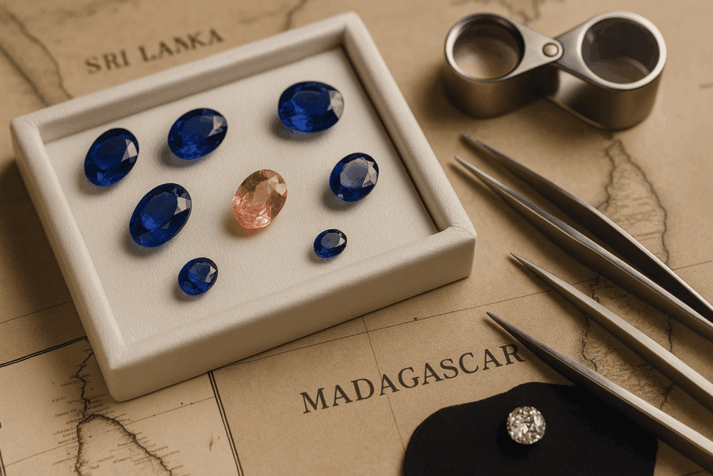 A storytelling-style photograph showcasing a single Padparadscha sapphire placed prominently among a selection of traditional blue sapphires on a gemmologist’s grading tray. In the softly blurred background, a map of Sri Lanka adds geographic context, evoking the rarity and exotic origin of this unique salmon-pink gem.