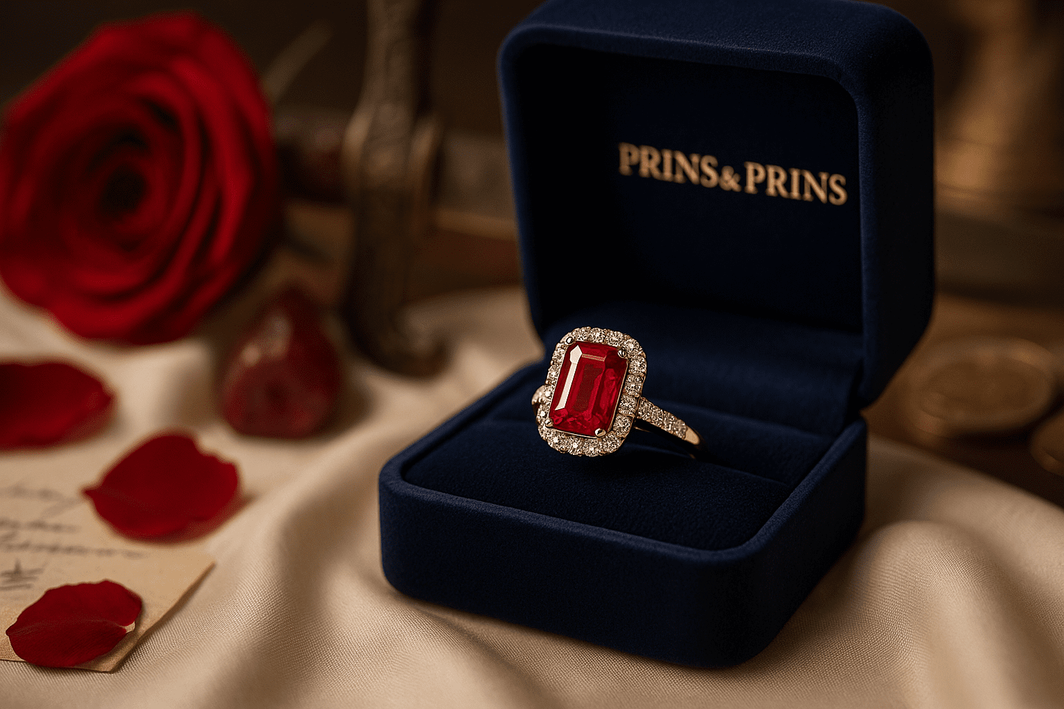 A high-resolution photograph showcases an emerald-cut ruby ring nestled in a navy Prins & Prins jewellery box, placed on a polished wood surface. The ruby’s rich red hue contrasts elegantly with the soft background lighting, evoking luxury and timeless gifting.