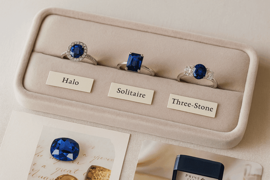 A photograph displays three sapphire engagement rings in different styles—vintage halo, emerald-cut solitaire, and three-stone design—arranged on a velvet jewellery tray in soft pastel tones, showcasing elegant custom ring options from Prins & Prins.