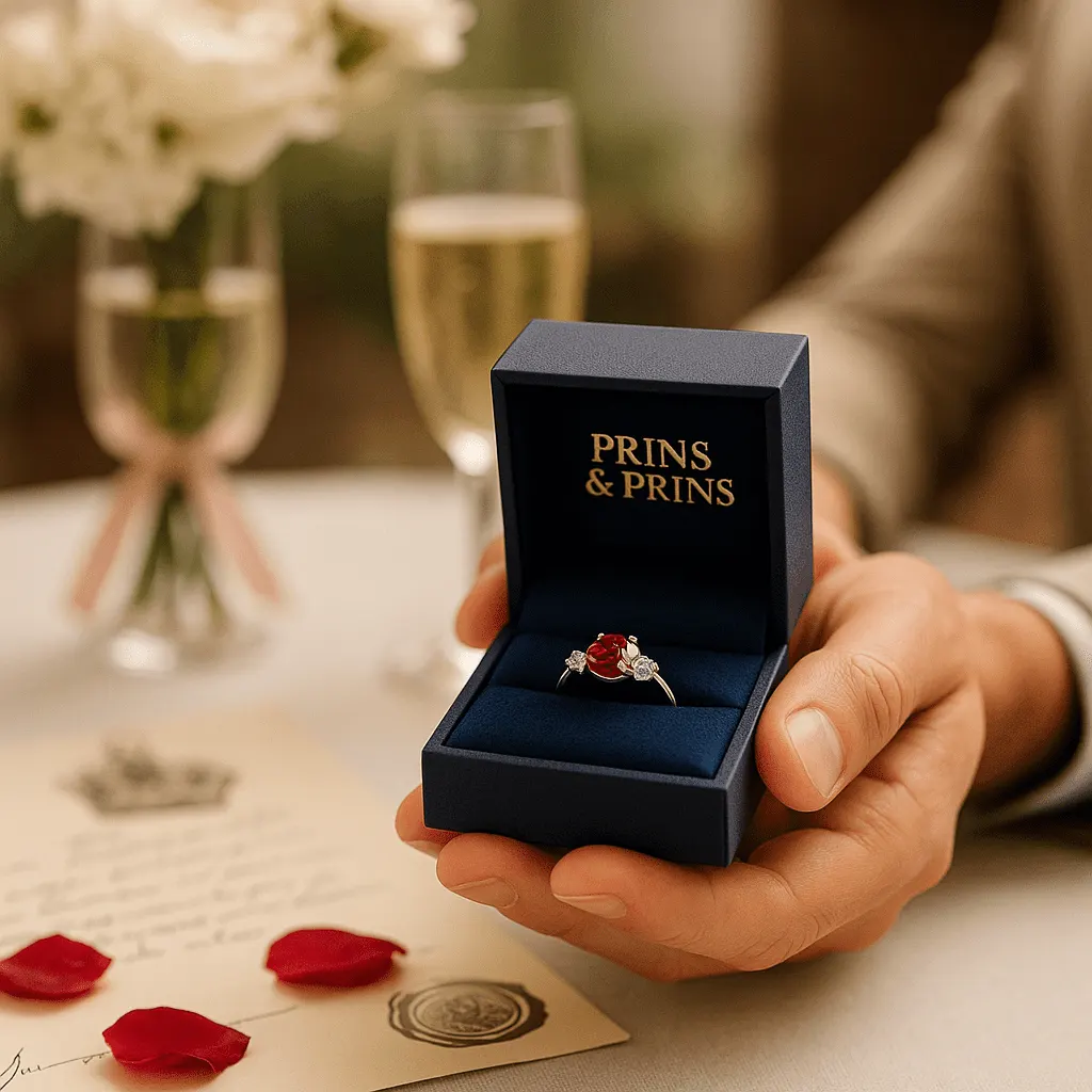 A close-up image of a Caucasian man's hand presenting a ruby ring in a Prins & Prins jewellery box across a white linen table, with blurred background elements including champagne glasses and a bouquet, evoking a romantic and celebratory gifting moment.