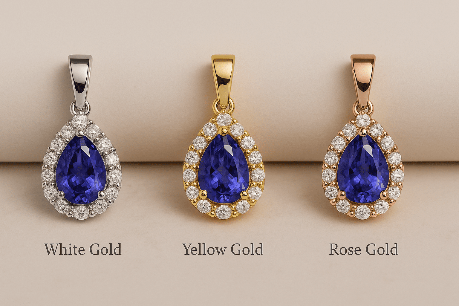 A side-by-side display of three Tanzanite and diamond halo pendants on a neutral gradient background, each set in a different metal — white gold, yellow gold, and rose gold — with soft labels beneath each pendant highlighting the metal type.