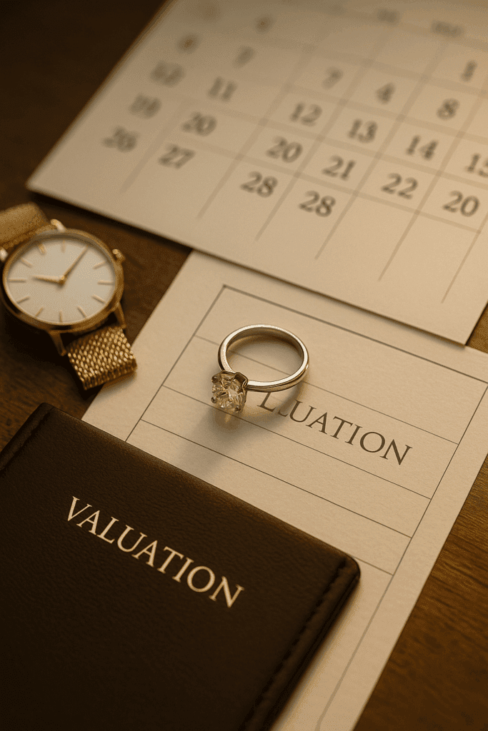 A diamond engagement ring rests on a valuation document alongside a gold watch and a calendar, with a leather folder marked “Valuation” nearby, all softly lit to convey timelessness and luxury.