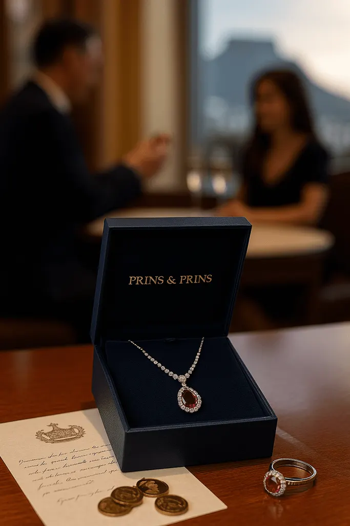 A photograph features a ruby and diamond necklace elegantly displayed inside an open navy Prins & Prins jewellery box, resting on a polished wooden surface. The softly blurred background includes a jeweller presenting the piece, with a faint silhouette of the Cape Town skyline, evoking luxury, legacy, and local craftsmanship.