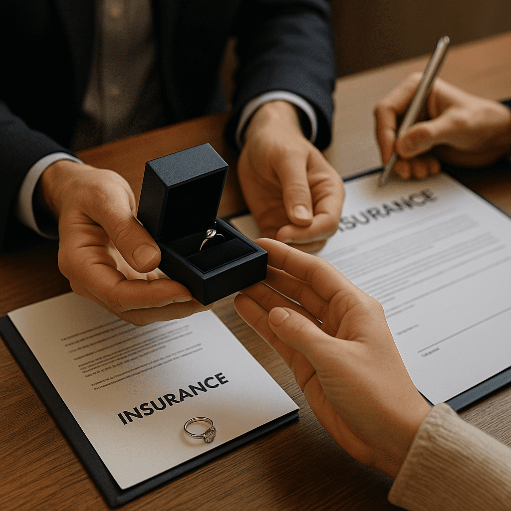 A jeweller hands a diamond engagement ring in a navy box to a client, while an insurance form is being signed on the table in the background, symbolising immediate protection for the new purchase.