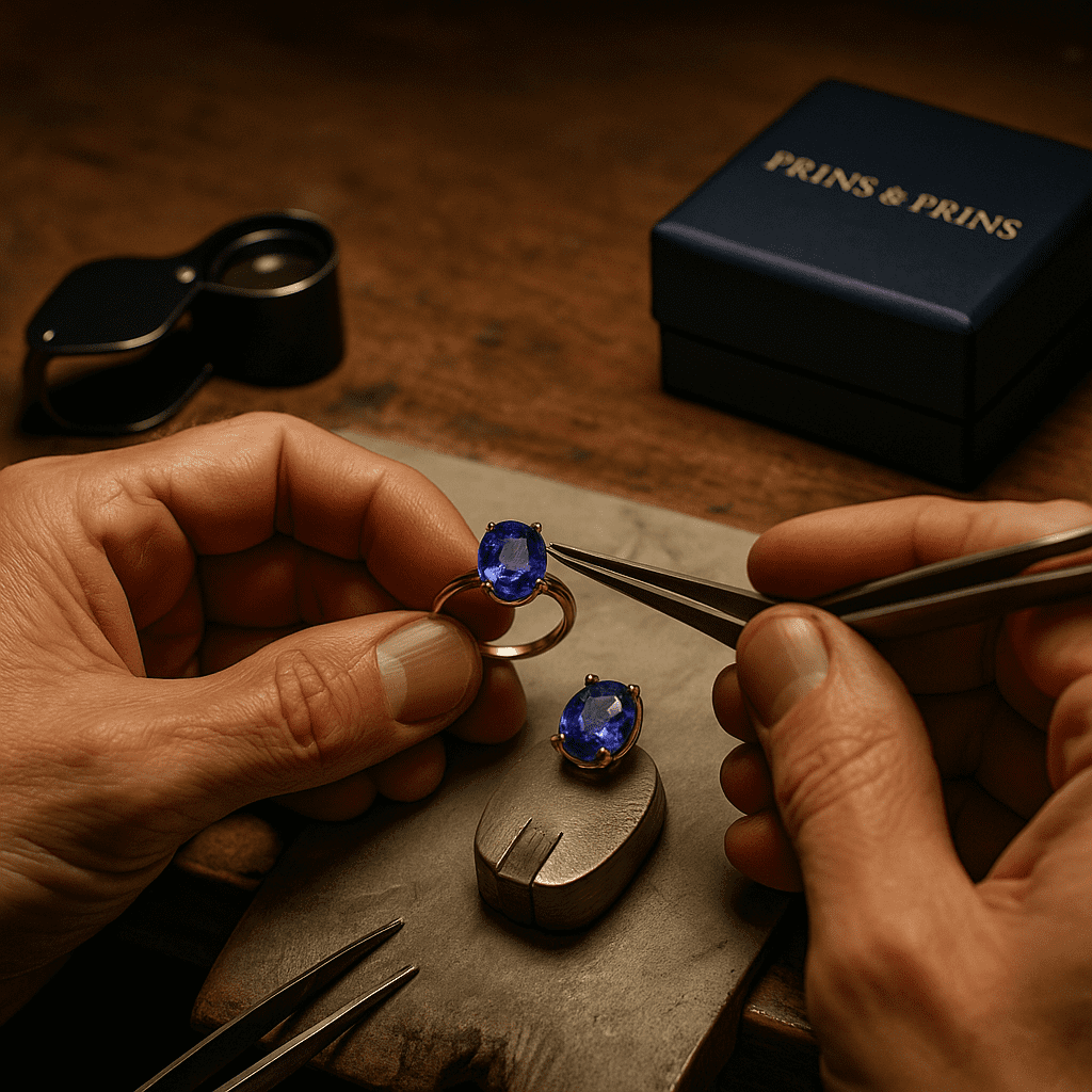 A close-up of a jeweller’s hands at a wooden workbench carefully setting a vibrant Tanzanite gemstone into a gold ring using precision tweezers, with a loupe, tools, and a Prins & Prins jewellery box visible in the background under warm, dramatic lighting.