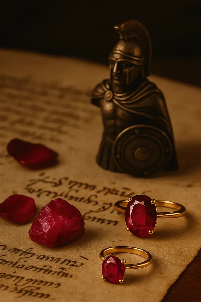 A photograph displaying a polished ruby ring, a raw ruby gemstone, and a miniature medieval helmet arranged on aged parchment with faded script. The moody lighting and shadows evoke themes of protection, strength, and historical symbolism associated with ruby jewellery.