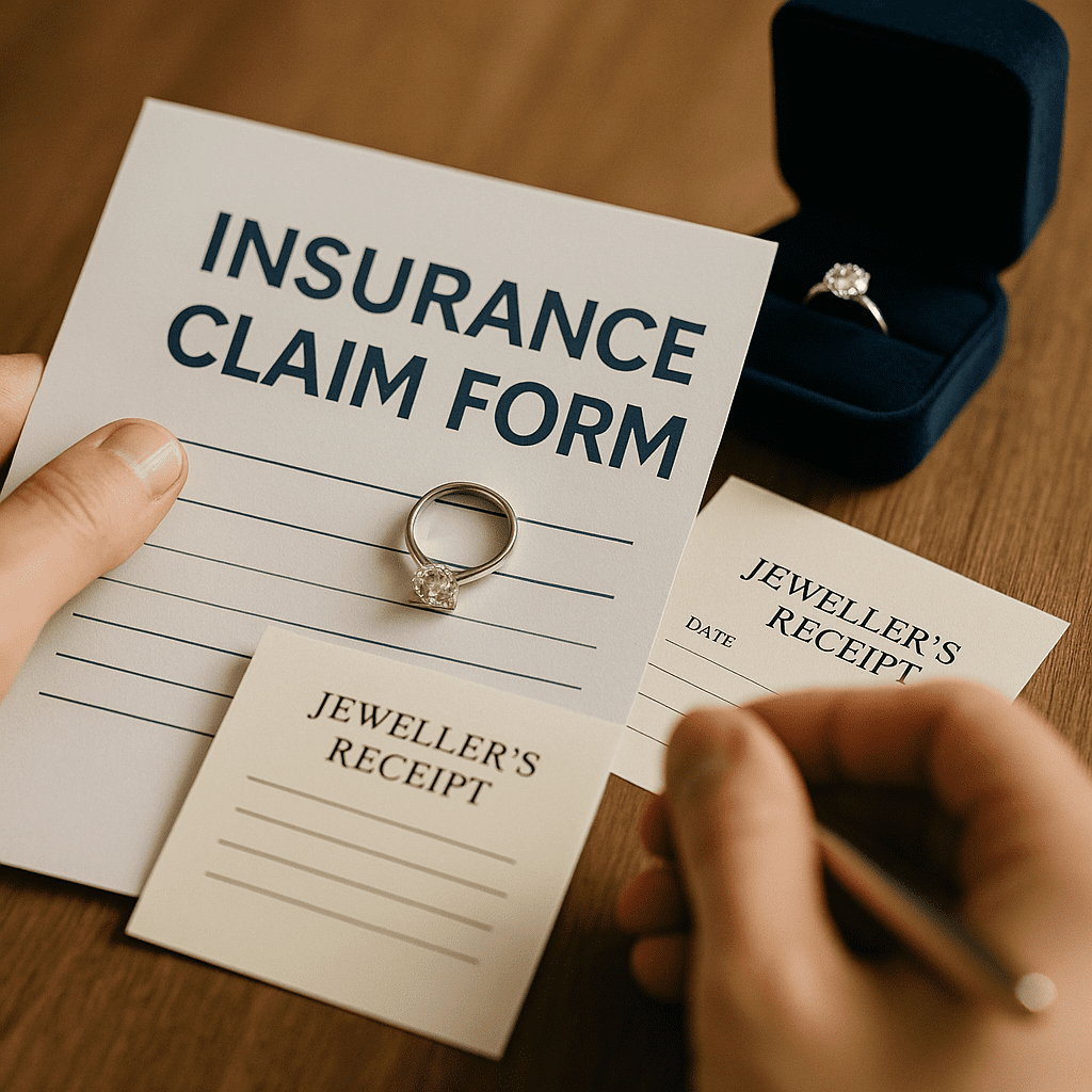 A close-up of an insurance claim form and a jeweller’s receipt held by a person, with a diamond engagement ring in an open velvet box nearby, symbolising preparedness for the claims process.