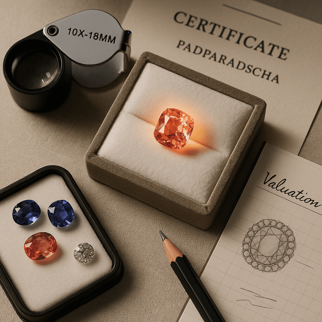 A flat-lay composition showcasing a certified Padparadscha sapphire glowing under angled light on a gem tray, surrounded by gemologist tools including a jeweller’s loupe, valuation sketches in a notebook, and precision tweezers. The scene evokes an elite collector’s workspace, with a scholarly and luxurious tone.