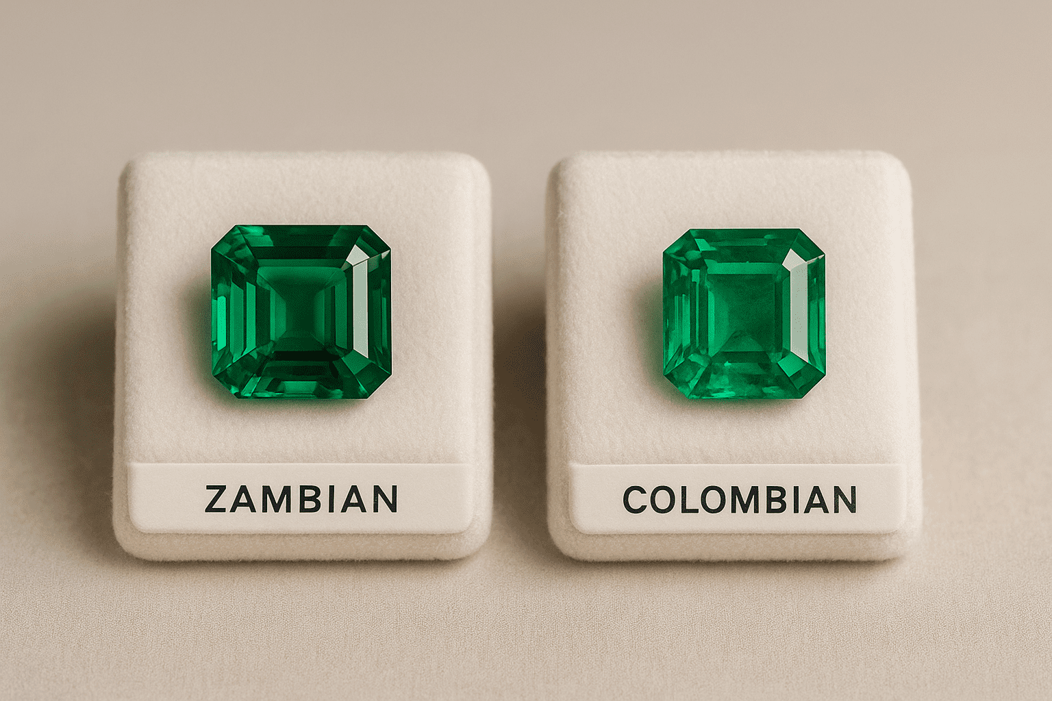 A side-by-side image of two emeralds on plush trays: the left stone, labelled “Zambian,” displays a deep bluish-green hue, while the right stone, labelled “Colombian,” shows a warmer, vivid green tone, illustrating the subtle differences in origin.