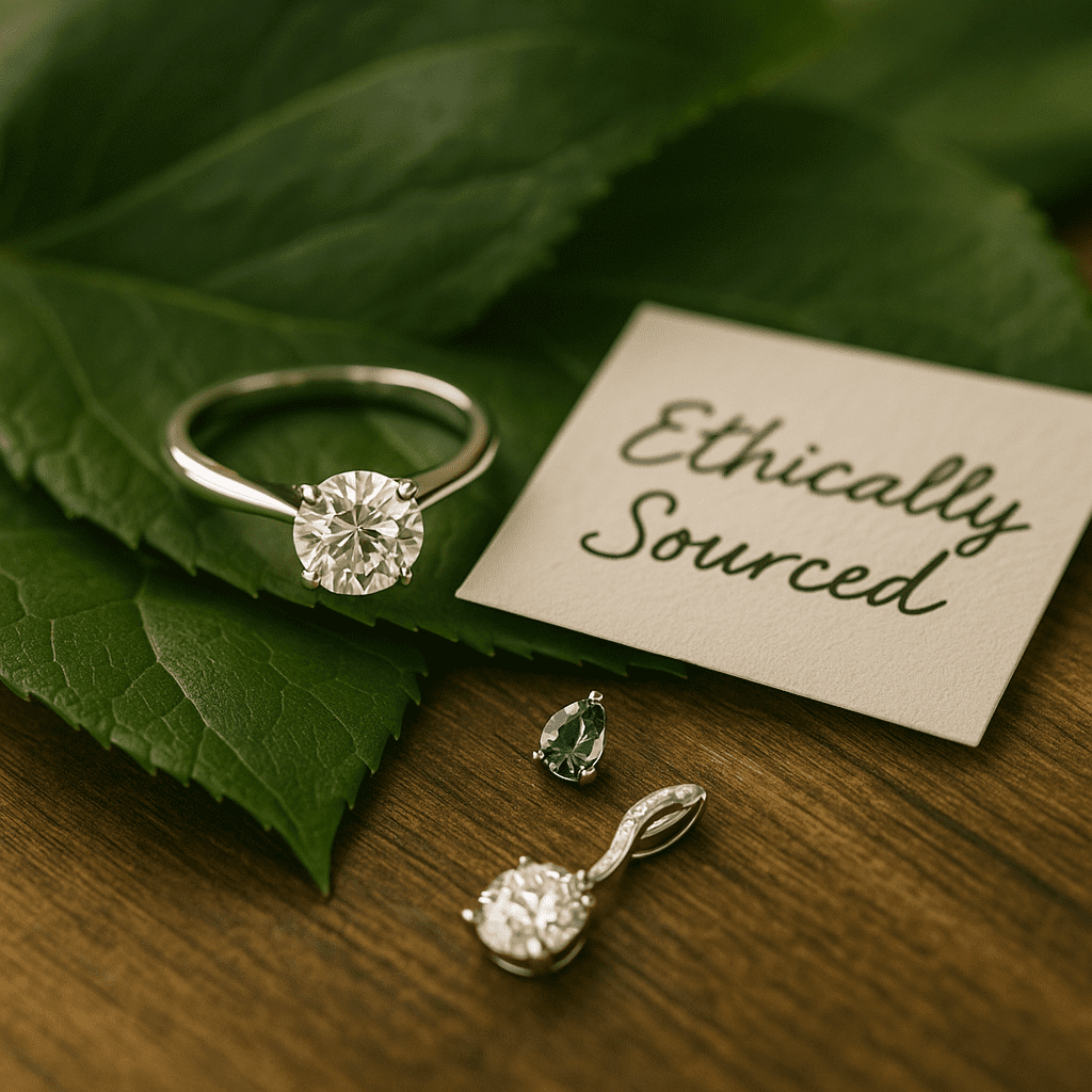 A diamond engagement ring rests on lush green leaves beside a cream card reading “Ethically Sourced,” with soft natural light highlighting the ring’s sparkle and the eco-conscious theme.