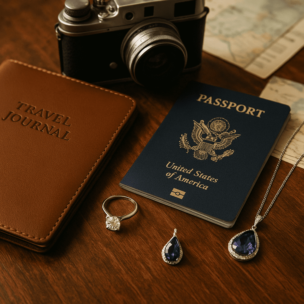 ChatGPT said: A flat-lay image of a leather travel journal, a passport, and a vintage camera on a wooden surface, with a diamond ring, matching tanzanite earrings, and a tanzanite pendant necklace artfully arranged, evoking luxury travel and wanderlust.