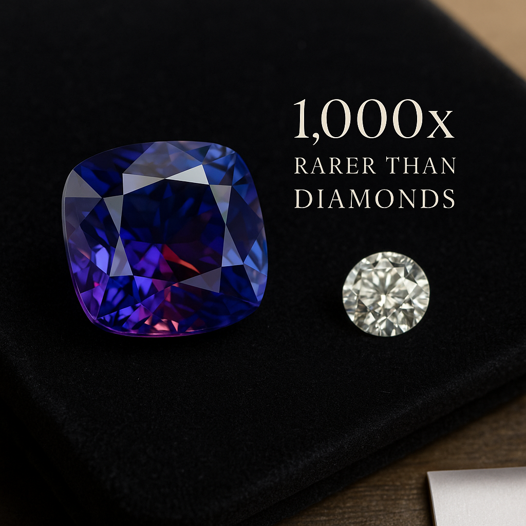 A high-resolution image of a vivid blue-violet Tanzanite gemstone displayed on black velvet beside a sparkling diamond, with an elegant info card reading “1,000x rarer than diamonds,” highlighting the gemstone’s rarity and luxury appeal.