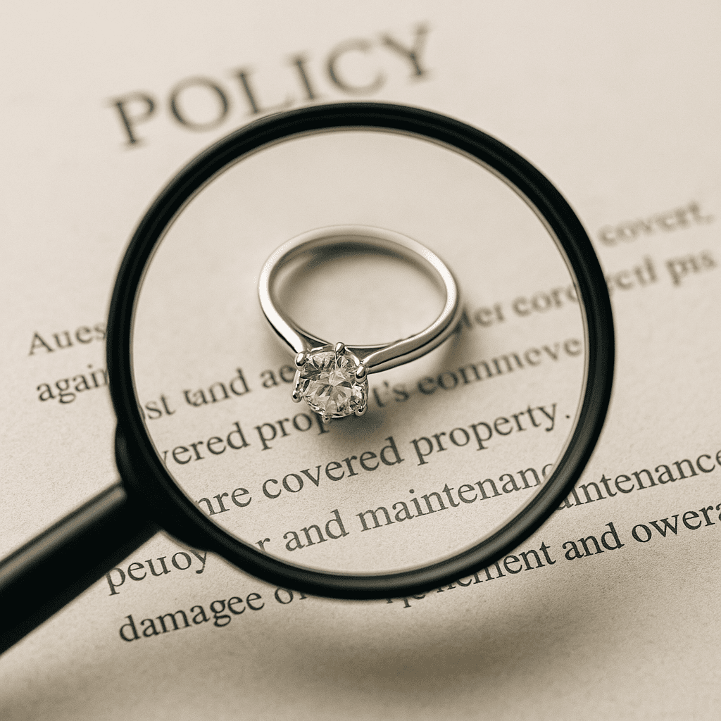 A diamond engagement ring sits under a magnifying glass on an insurance policy document, with the word “POLICY” visible above and blurred text surrounding it, symbolising the importance of understanding coverage details.