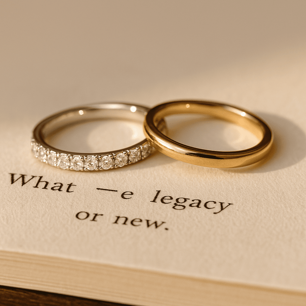 A diamond eternity band and a polished gold wedding band rest on the open pages of a poetry book, with blurred text beneath them evoking themes of love and legacy.
