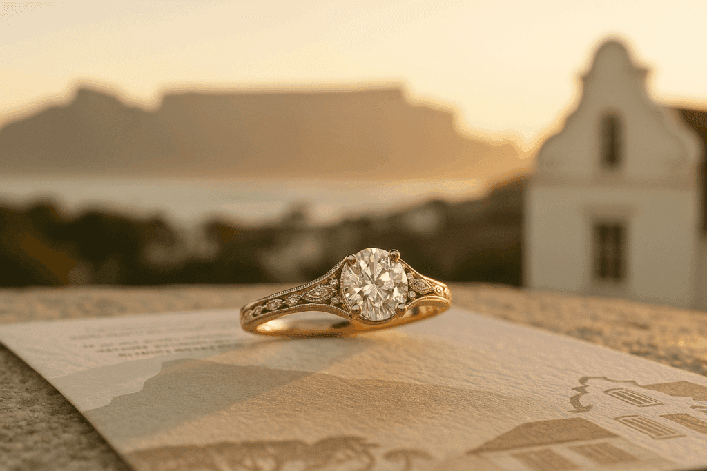 A photograph features an elegant engagement ring worn by a light-skinned woman standing on a cobblestone street in Cape Town. The ring sparkles in soft golden-hour lighting as she gently admires it. Behind her, colonial-style buildings and a soft-focus view of Table Mountain evoke a timeless Cape Town charm.