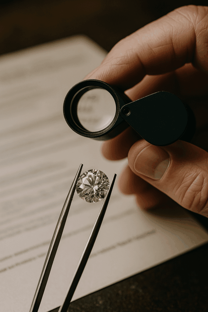 ’n Juwelier se hand hou ’n loupe en ondersoek ’n rondgeslypte diamant wat in ’n tang vasgehou word, met ’n gesertifiseerde dokument vaag op die agtergrond.