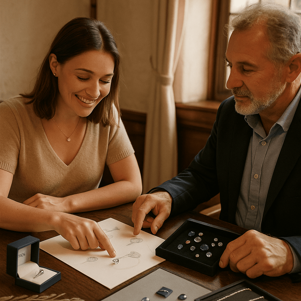 A light-skinned female customer with shoulder-length brown hair smiles while pointing to a jewellery sketch, seated at a wooden table with a male jeweller. The jeweller, with short grey hair and a beard, is dressed in a dark blazer and blue shirt, holding a tray of colourful gemstones. Loose gems, a necklace, and a ring box are also visible on the table in soft natural daylight.