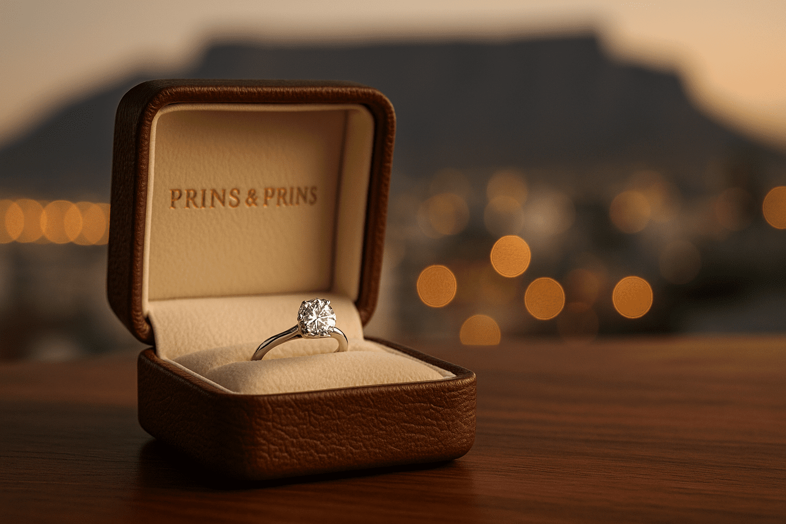 Prins & Prins branded vintage-style jewellery box on a polished wooden table, open to reveal a sparkling diamond engagement ring, with blurred Cape Town city lights in the background.