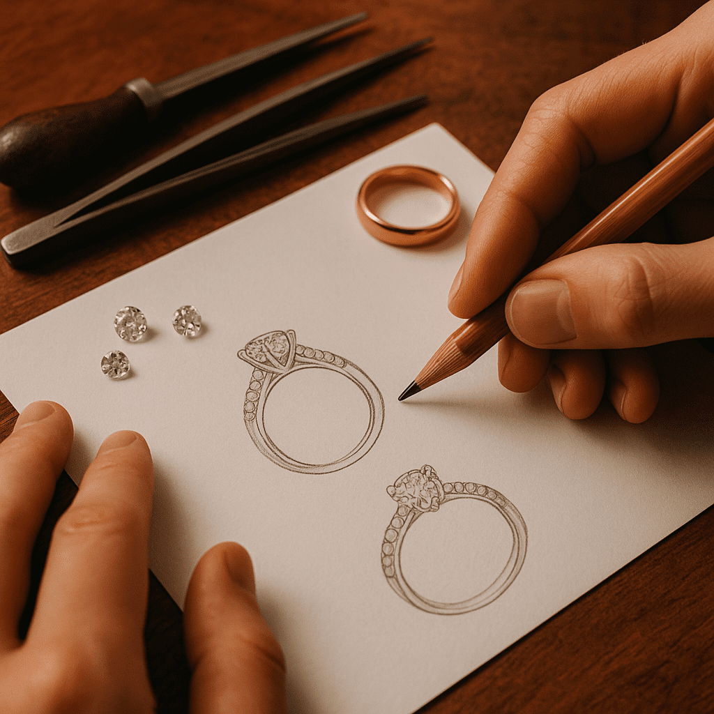 An artisan jeweller’s hands sketching a custom diamond ring design on paper. The desk holds loose diamonds, a gold wedding band, and traditional goldsmithing tools, creating an intimate, creative scene that highlights craftsmanship and luxury.
