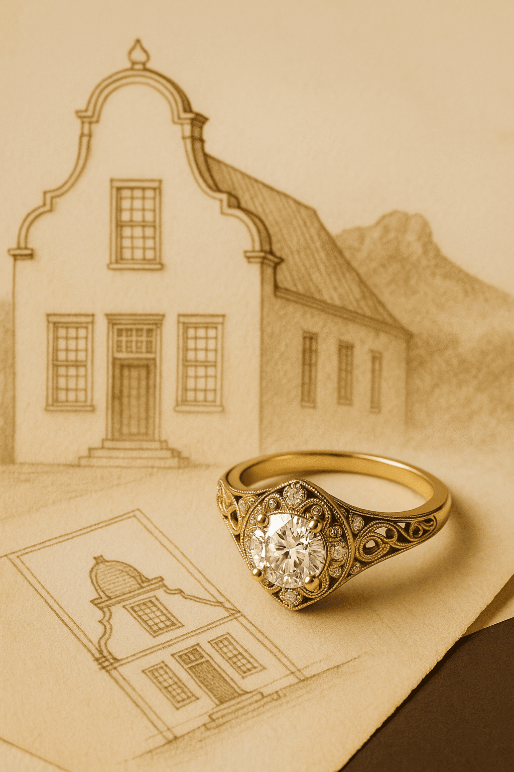 A vintage-inspired engagement ring with intricate filigree detailing rests on a parchment-style paper featuring an architectural sketch of a Cape Dutch gable. The ring is positioned to draw attention to its craftsmanship, while warm tones of cream, antique gold, and sandstone evoke a sense of heritage and timeless design.