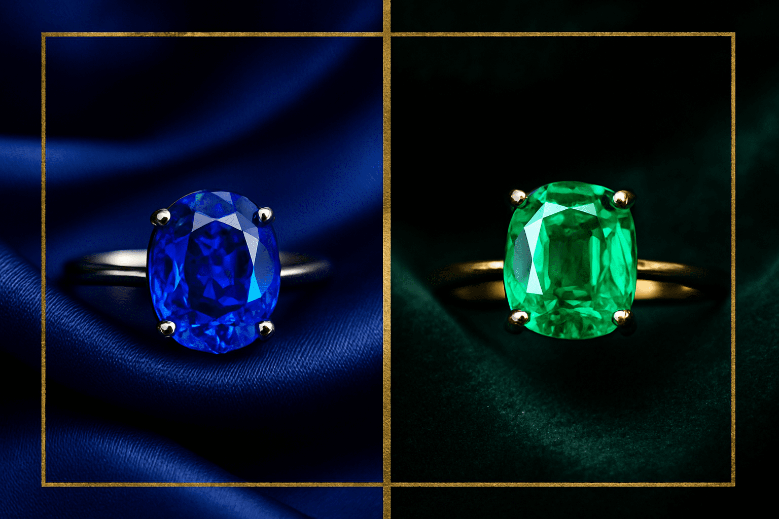 Split-image photograph showing two gemstone rings — on the left, a deep-blue sapphire ring displayed on luxurious blue silk, and on the right, a vivid green emerald ring resting on rich green velvet, symbolising the contrast between the two gemstones.