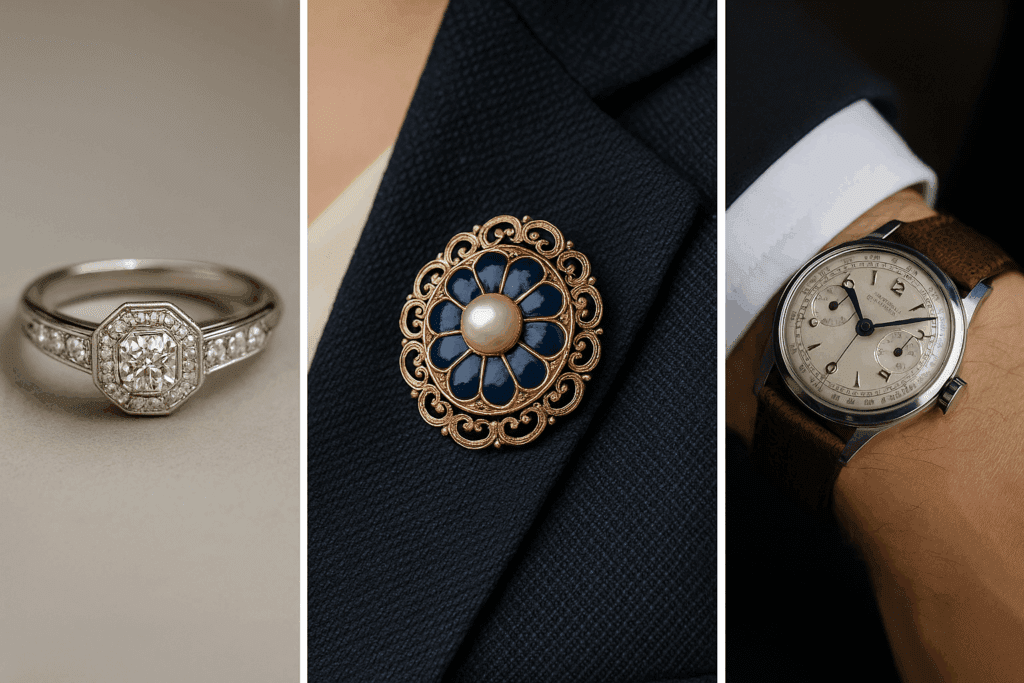Triptych image showcasing an Art Deco diamond ring in close-up, a pearl and enamel brooch pinned to a blazer, and a vintage luxury wristwatch with a leather strap worn under a tailored shirt cuff.