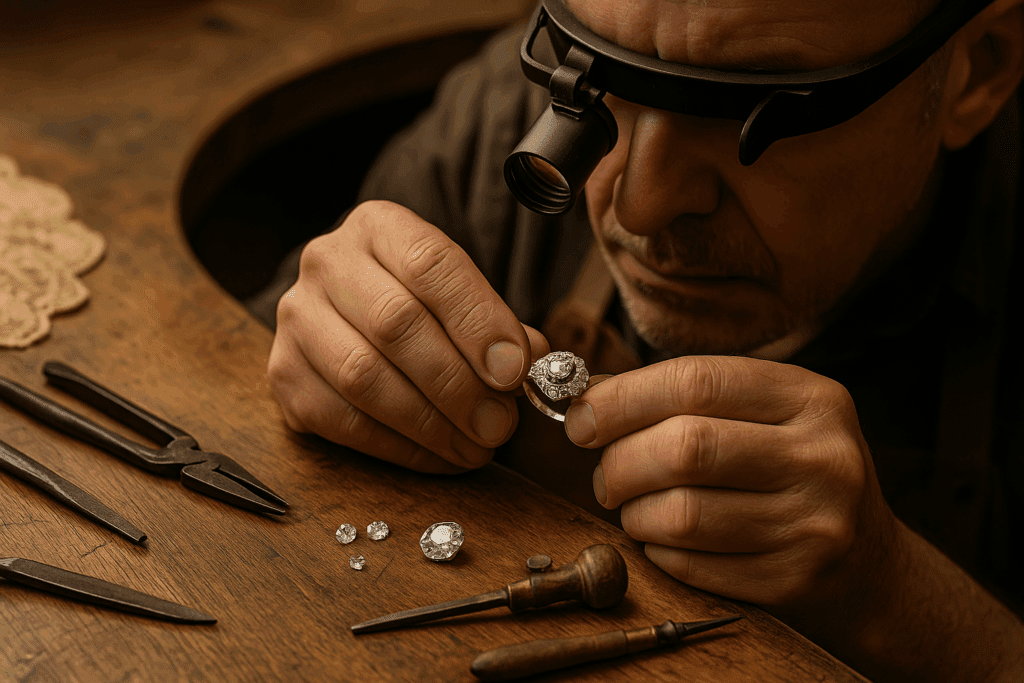 A goldsmith in the Prins & Prins workshop examines and restores a vintage diamond ring under magnification, with loose diamonds and antique tools scattered on a wooden workbench.