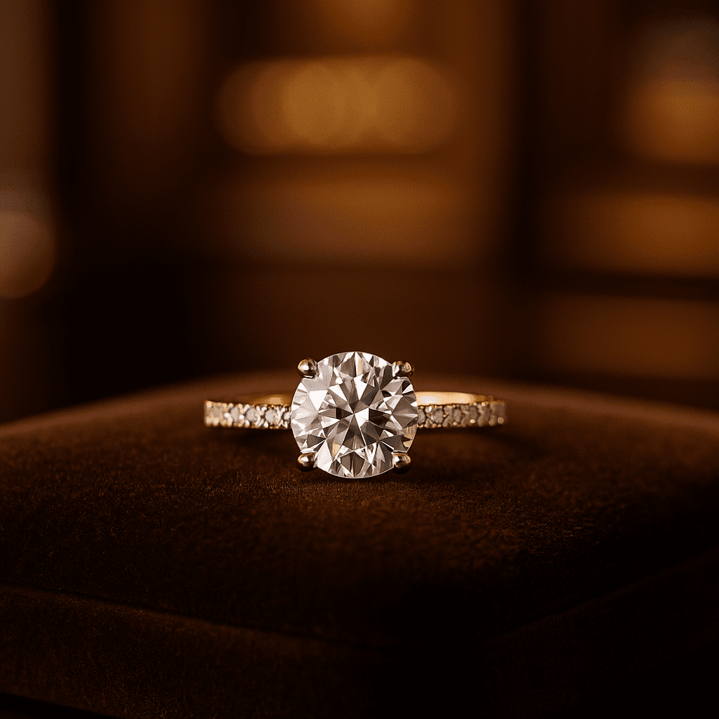 A close-up photograph of a diamond engagement ring resting on a soft pink velvet cushion, sparkling brightly under warm light, symbolising professional jewellery care and luxury.
