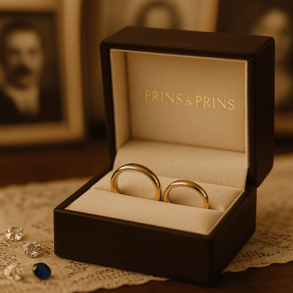 A pair of matching gold wedding bands, one wider and one slimmer, resting together in a Prins & Prins branded box with blurred sepia-toned family portraits in the background, symbolising generational unity.