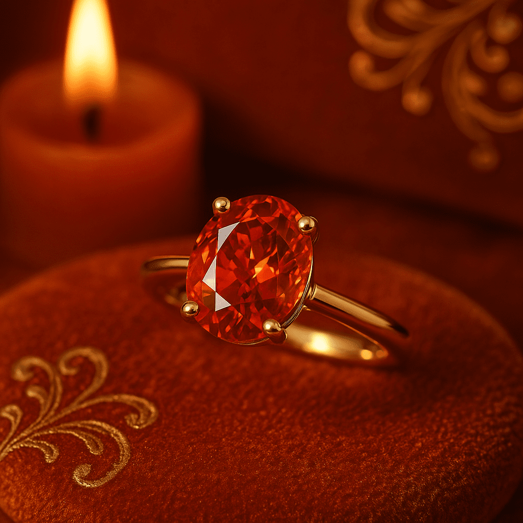 A photograph showcases a gold ring with an oval-cut spessartine garnet, glowing in rich orange hues. The ring rests on a deep red velvet background, with soft warm lighting enhancing the gemstone’s fiery brilliance. Delicate gold filigree details and the flicker of a blurred candle flame add an air of bold, radiant luxury.