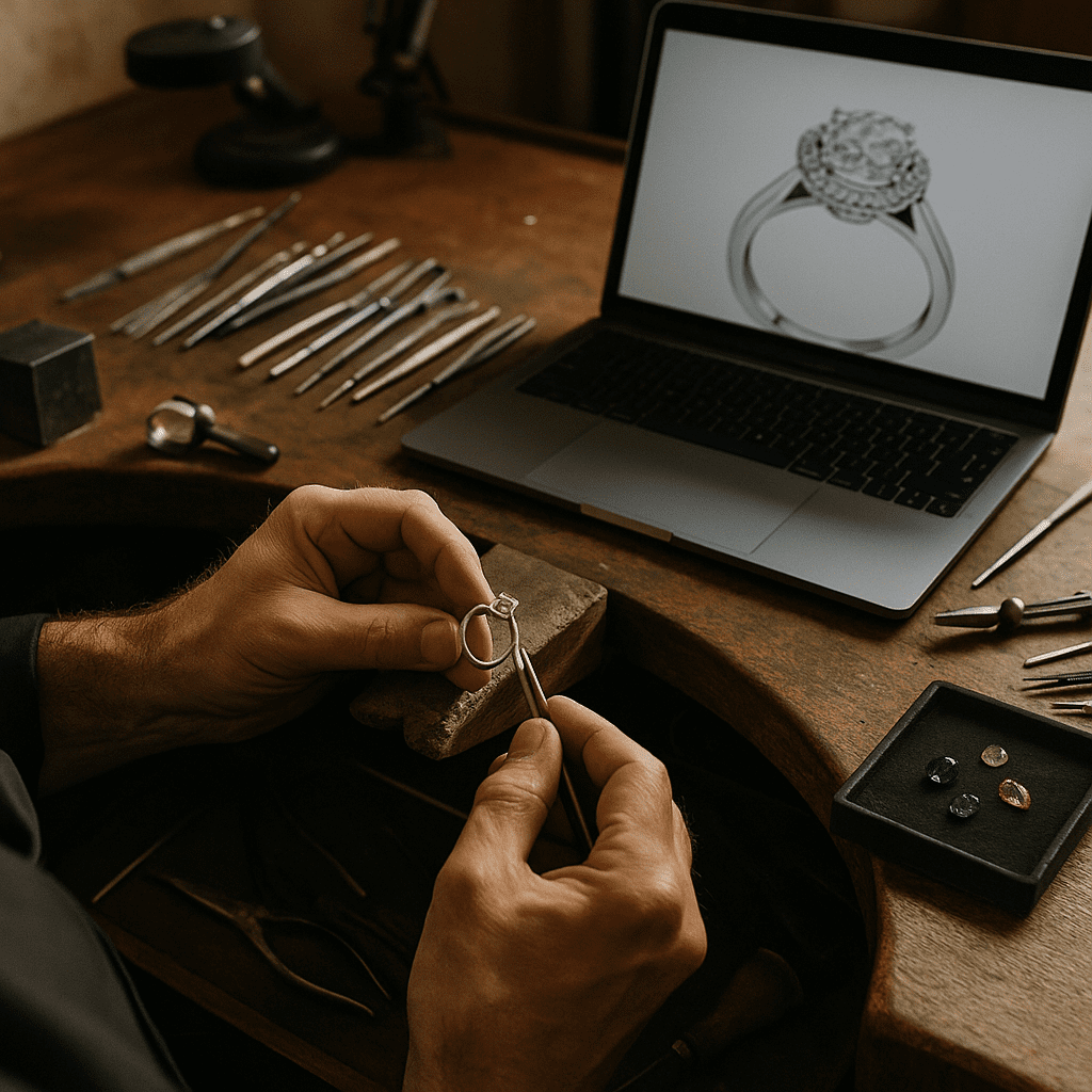 A master goldsmith works at a traditional jeweller’s bench, hands focused on crafting a ring. Vintage tools are neatly arranged on the wooden surface, while a modern laptop displaying a CAD rendering sits nearby. Warm lighting highlights the blend of heritage craftsmanship and contemporary design.