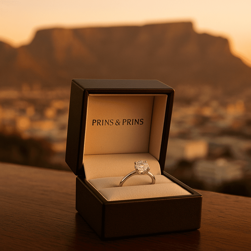 A Prins & Prins jewellery box with a diamond engagement ring inside, photographed at sunset with Table Mountain softly blurred in the background, creating a warm and elegant scene.
