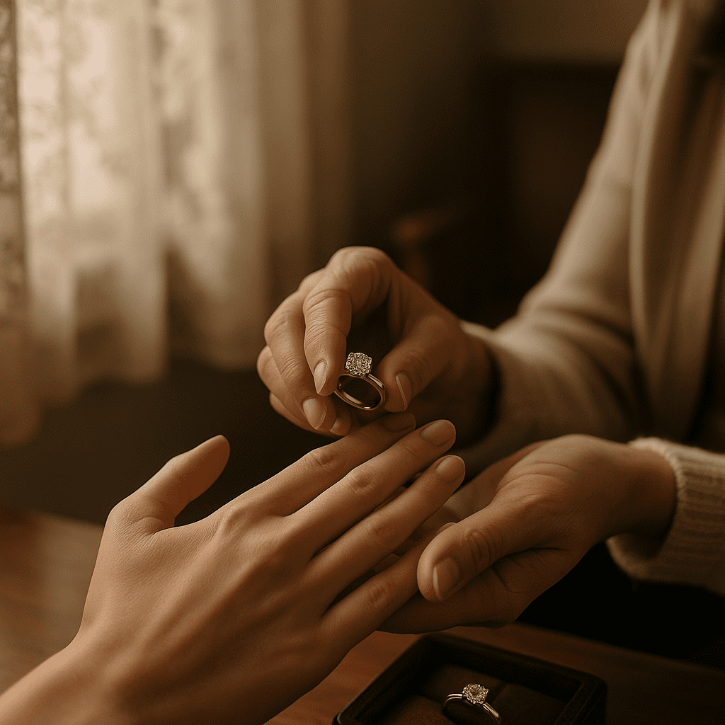 ’n Ouma oorhandig ’n natuurlike diamant ring aan haar kleindogter se hand, simboliseer die erfstuk- en sentimentele waarde van diamante oor geslagte heen.