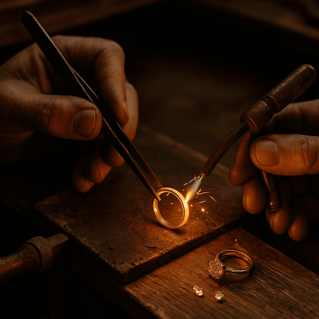 A close-up of a goldsmith’s hands working at a traditional bench, using precision tools to hold and heat a glowing gold wedding band as sparks fly, with loose diamonds and a finished ring nearby on the work surface.