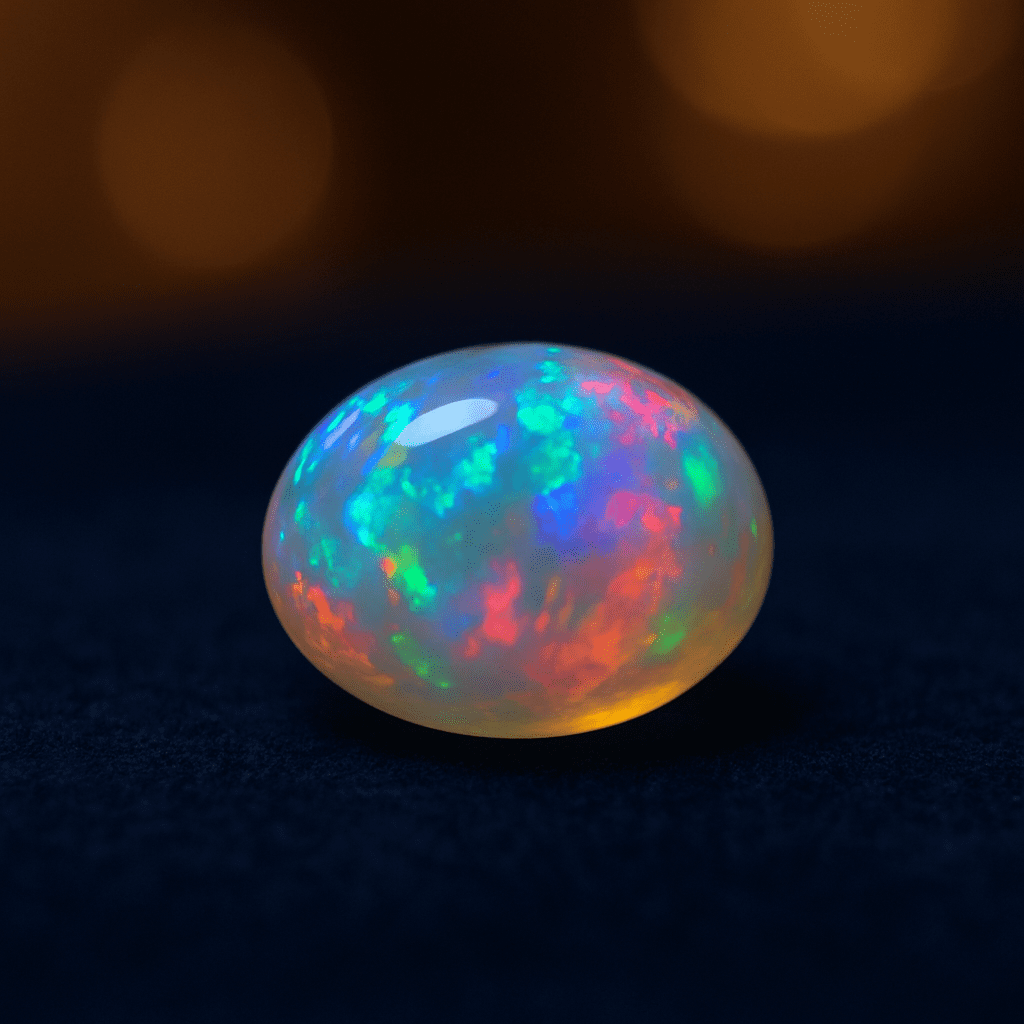 A close-up of a vibrant opal gemstone resting on deep blue velvet, displaying flashes of red, green, blue, and orange under soft golden light.