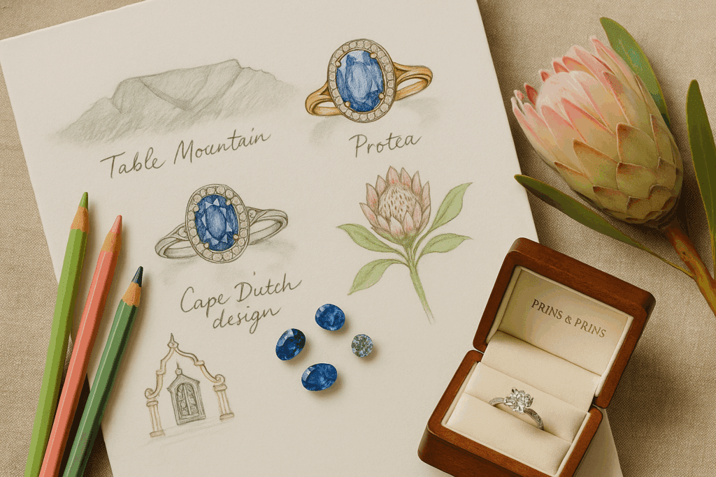 A photograph on a textured white paper sketchbook shows jewellery design sketches inspired by Table Mountain, protea flowers, and Cape Dutch architecture. Coloured pencils, loose blue sapphires, a protea bloom, and an open Prins & Prins ring box with a diamond ring surround the sketches, all set against a beige fabric background.