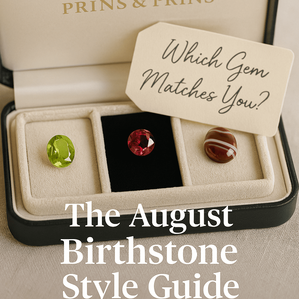 A square thumbnail image featuring a Prins & Prins jewellery box with three August birthstones — a vivid green peridot, a deep red spinel, and a banded sardonyx — each displayed in its own velvet-lined compartment. A cream tag inside the box reads “Which Gem Matches You?” in elegant script. The soft beige background and warm lighting create a luxurious, inviting feel.