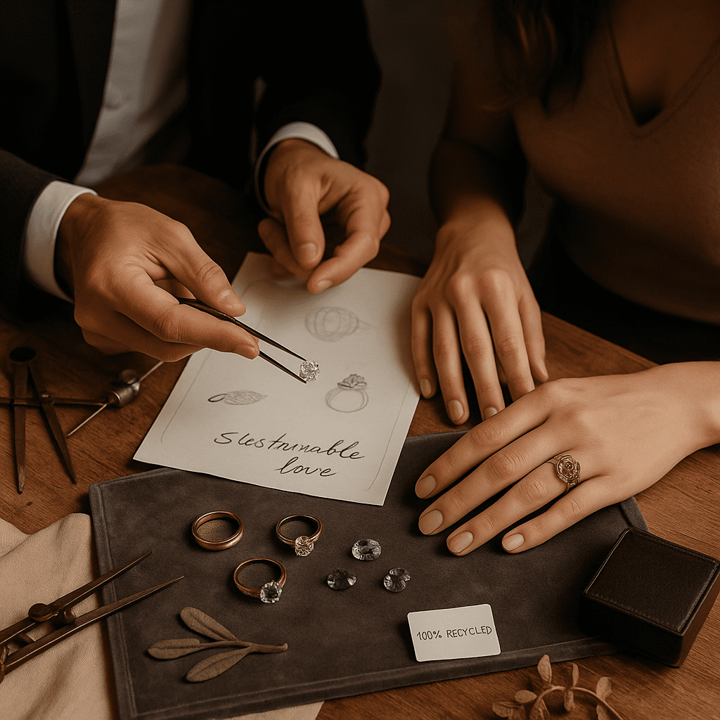 A photograph captures a jewellery consultation scene between a jeweller and a client. Antique rings, loose gemstones, and hand-drawn redesign sketches are laid out on a velvet pad, accompanied by vintage tools. The atmosphere is warm and nostalgic, blending old-world charm with a modern, artisan-focused approach. Soft, ambient lighting enhances the sentimental mood.