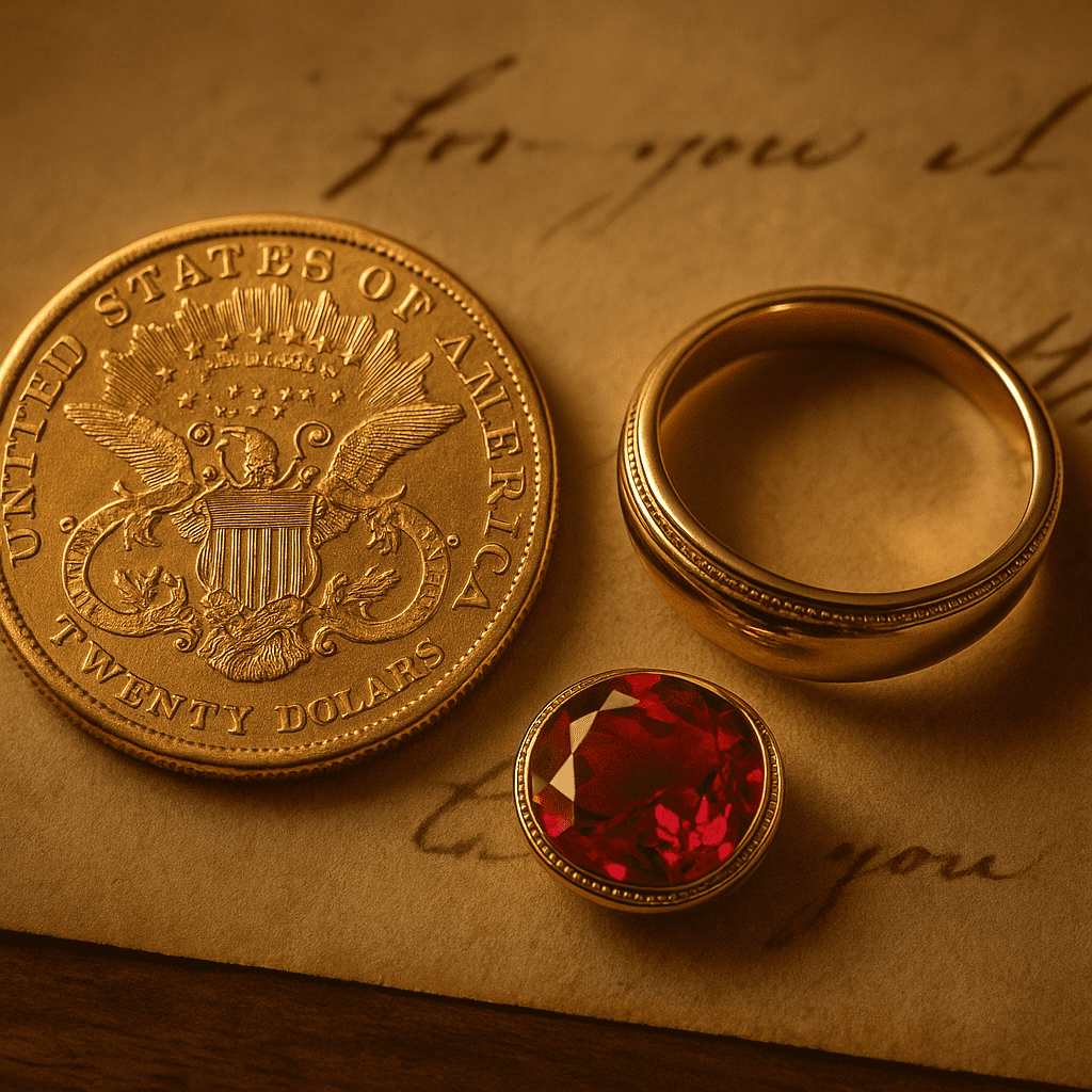 Close-up of an antique gold coin and a finely crafted gold ring placed on aged parchment, symbolising gold’s historic role as wealth and its transformation into jewellery.