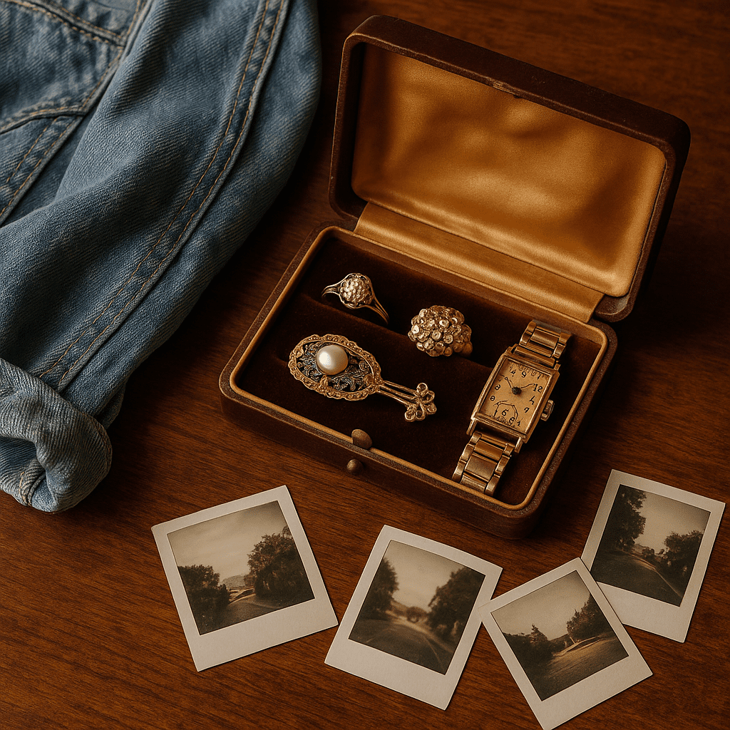 Flat-lay of a vintage jewellery box with estate rings, brooches, and a retro watch on a wooden table, styled with a denim jacket and Polaroid photos to evoke Gen Z thrifting culture.