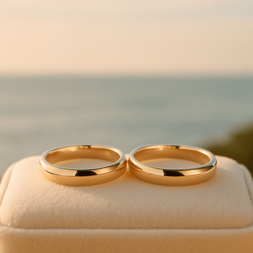 Two identical gold wedding bands rest side by side on a soft ivory cushion, their polished surfaces glowing in natural sunlight, with Cape Town’s ocean horizon softly blurred in the background.