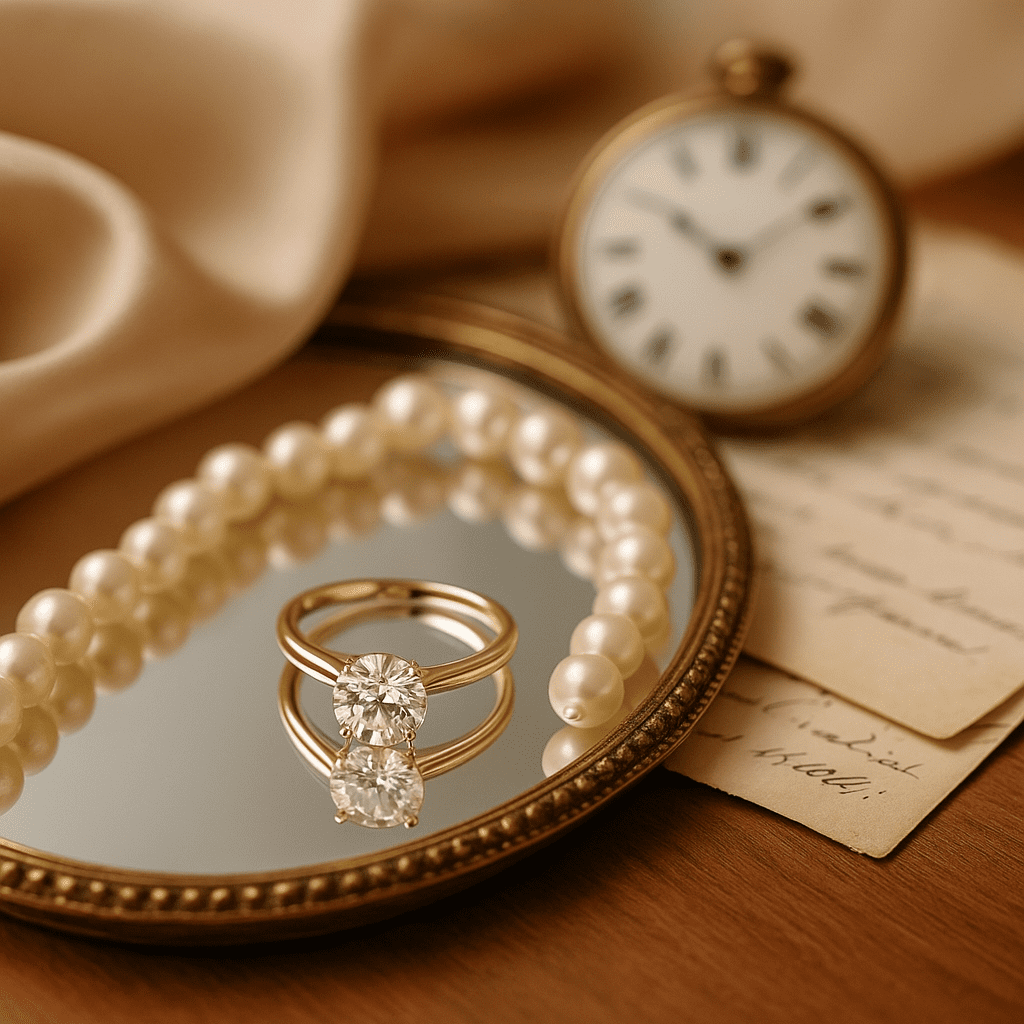 A diamond solitaire ring and a strand of pearls displayed on an antique mirrored tray, with a silk scarf draped beside them and blurred vintage clock and love letters in the background, symbolising timeless elegance.