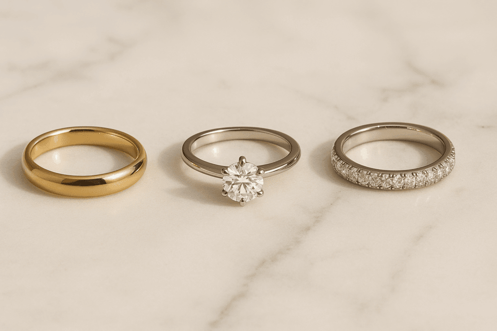 Three distinct wedding rings displayed on a marble surface: a classic yellow gold band, a mid-century diamond solitaire ring, and a modern platinum pavé-set band, symbolising the evolution of wedding ring traditions.